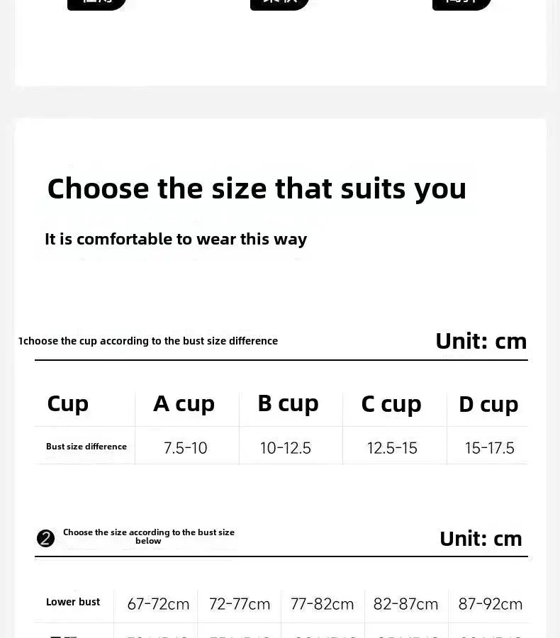 Simples Market bra size chart for 6cm thickened push-up wireless bra with A–D cup bust and underbust measurements
