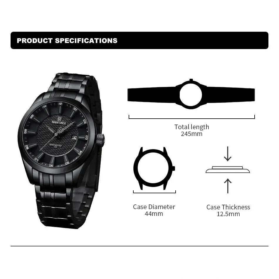 NAVIFORCE men's watch with black stainless steel strap, date display, waterproof quartz