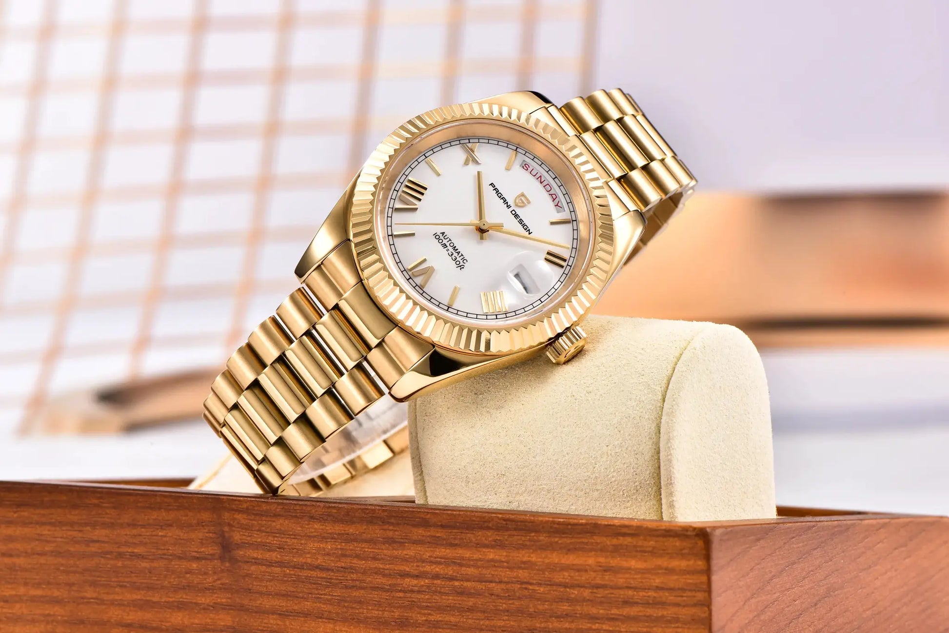 Pagani Design DD40 gold automatic men's watch with white dial and gold bracelet
