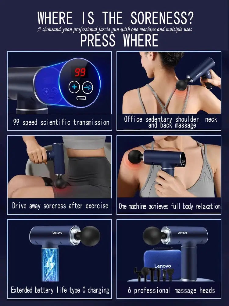 Lenovo blue fascia gun massager with LED touch display and 6 massage heads, Type-C charging
