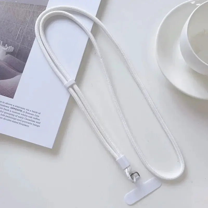 Phone lanyard rope strap, white, long diagonal crossbody style with metal clasp