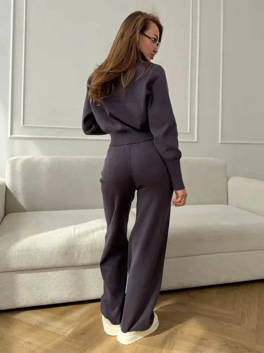 Bornladies Knit Zip Up Cropped Cardigan With Wide Leg Pants Set Women
