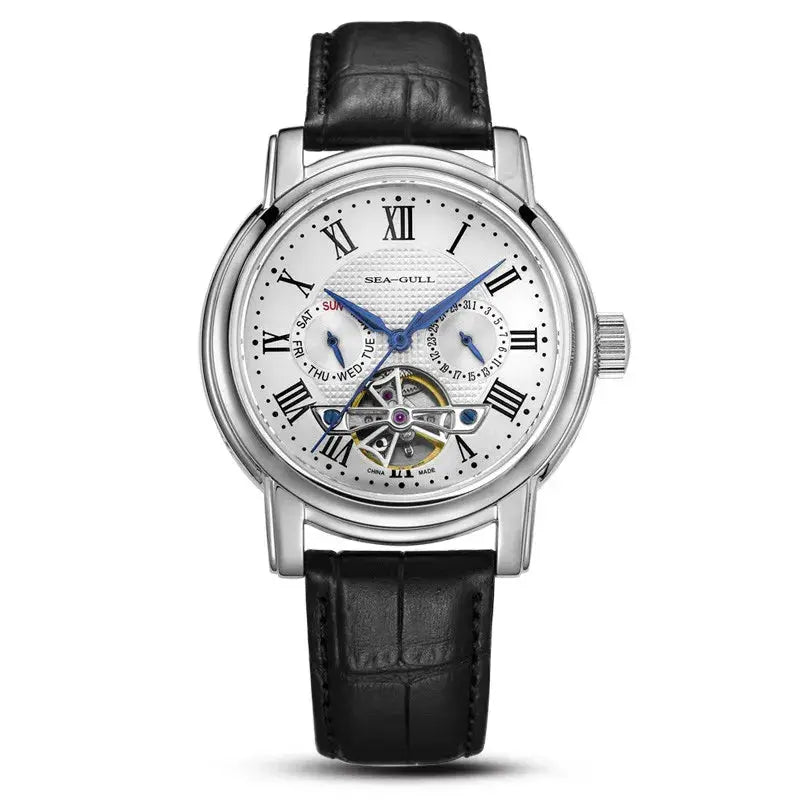Men's Sea-Gull ST25 automatic mechanical wristwatch with skeleton dial, stainless steel case and black leather strap