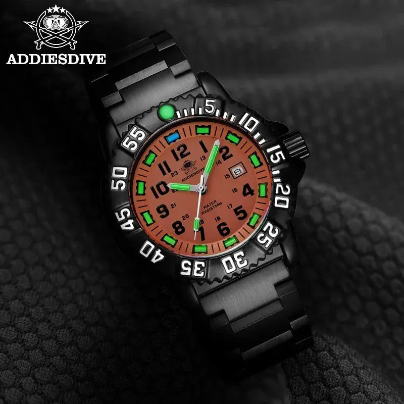 ADDIESDIVE men's quartz watch with black stainless steel strap, orange dial and green luminous markers.