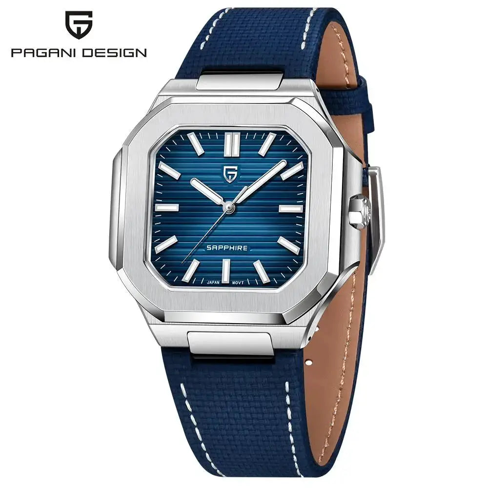 Pagani Design men's quartz watch with stainless steel case, blue dial, sapphire crystal, and blue fabric strap.