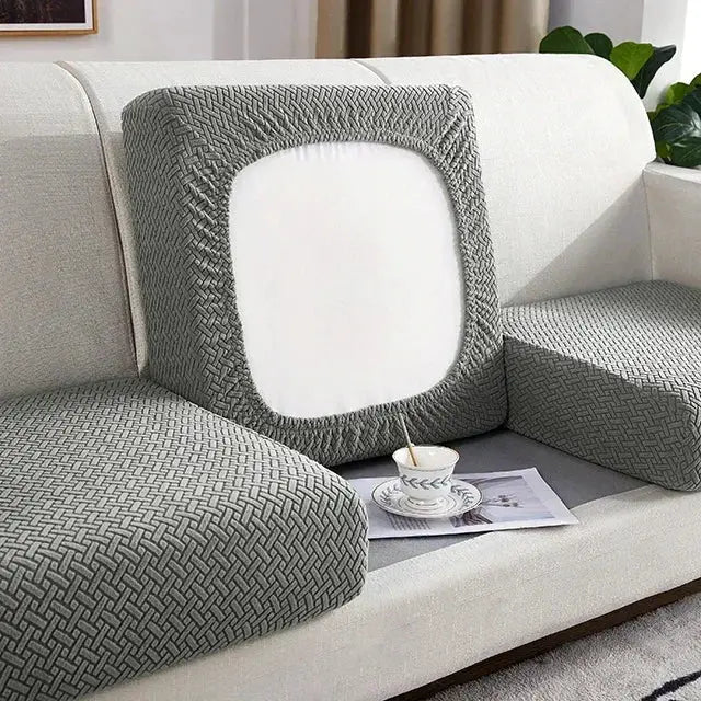 Thick jacquard sofa seat cushion cover in grey with white inner cushion; Simples Market removable furniture protector