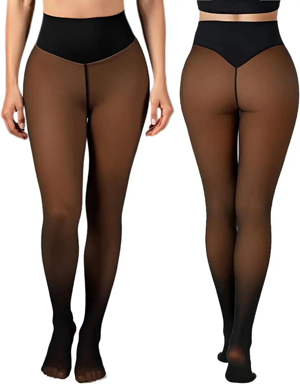 One-seam fleece-lined tights, shaping thermal leggings, plus size brown sheer tights with black waistband