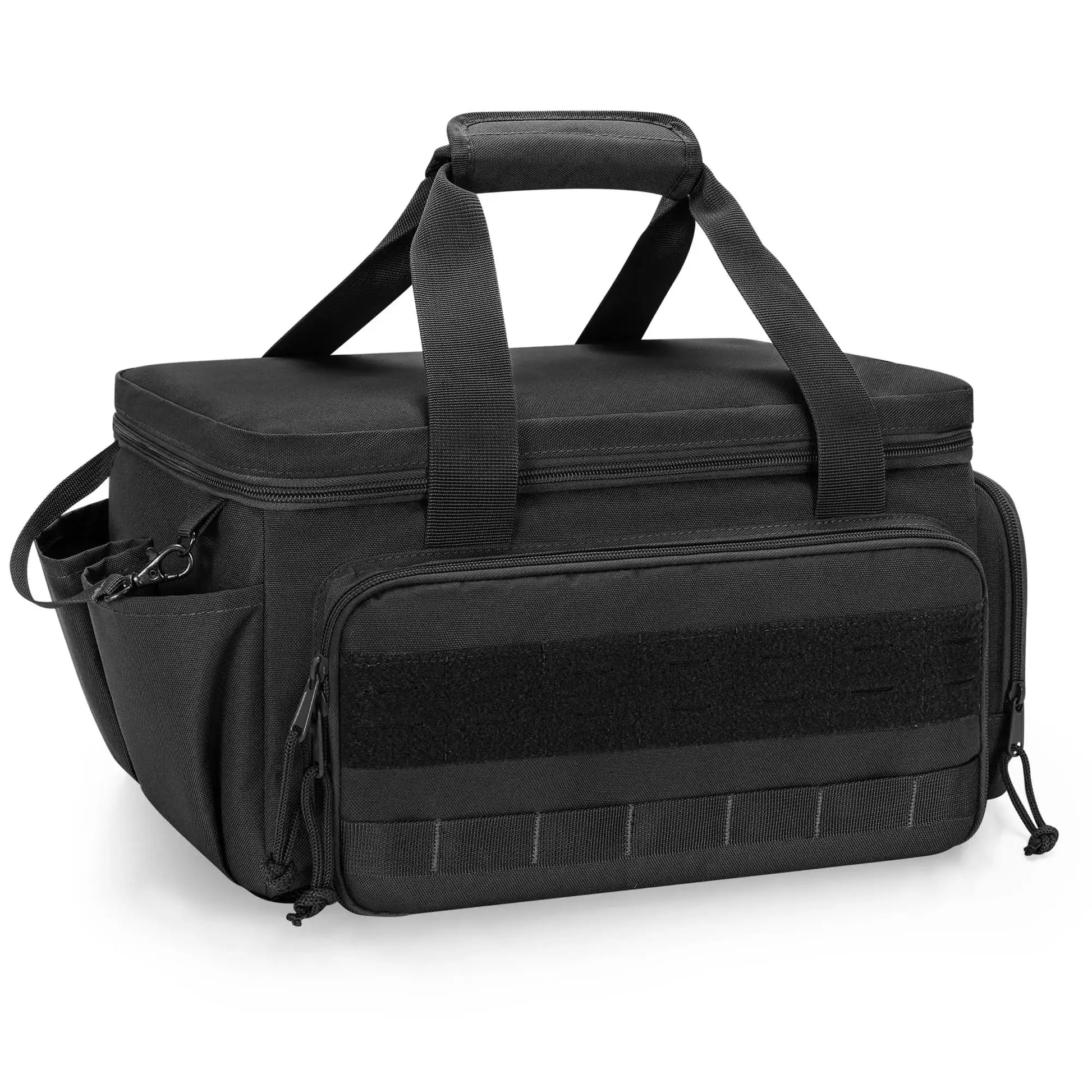 Black nylon toolkit bag with shoulder strap and reinforced bottom