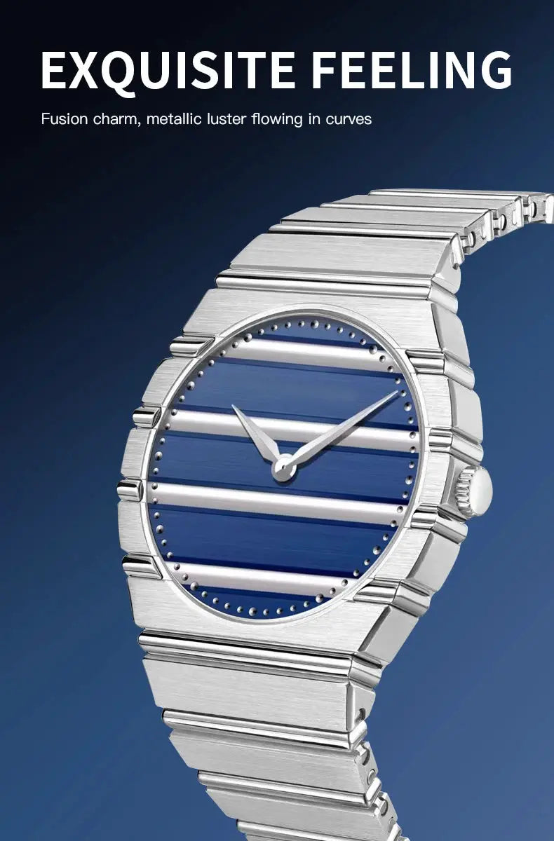Men's stainless steel watch with blue striped dial on silver bracelet