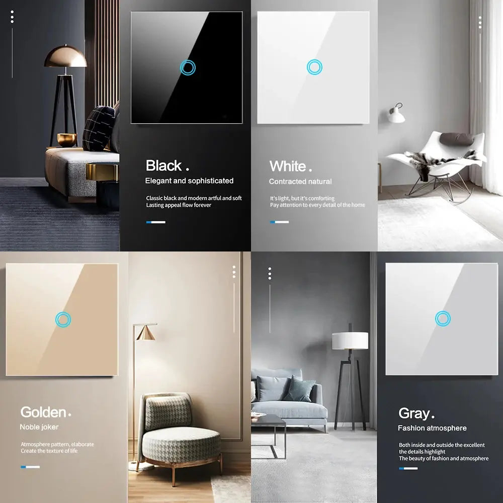 AXUS EU Touch Switch panel set by Simples Market; black, white, golden, gray tempered crystal glass with LED backlight