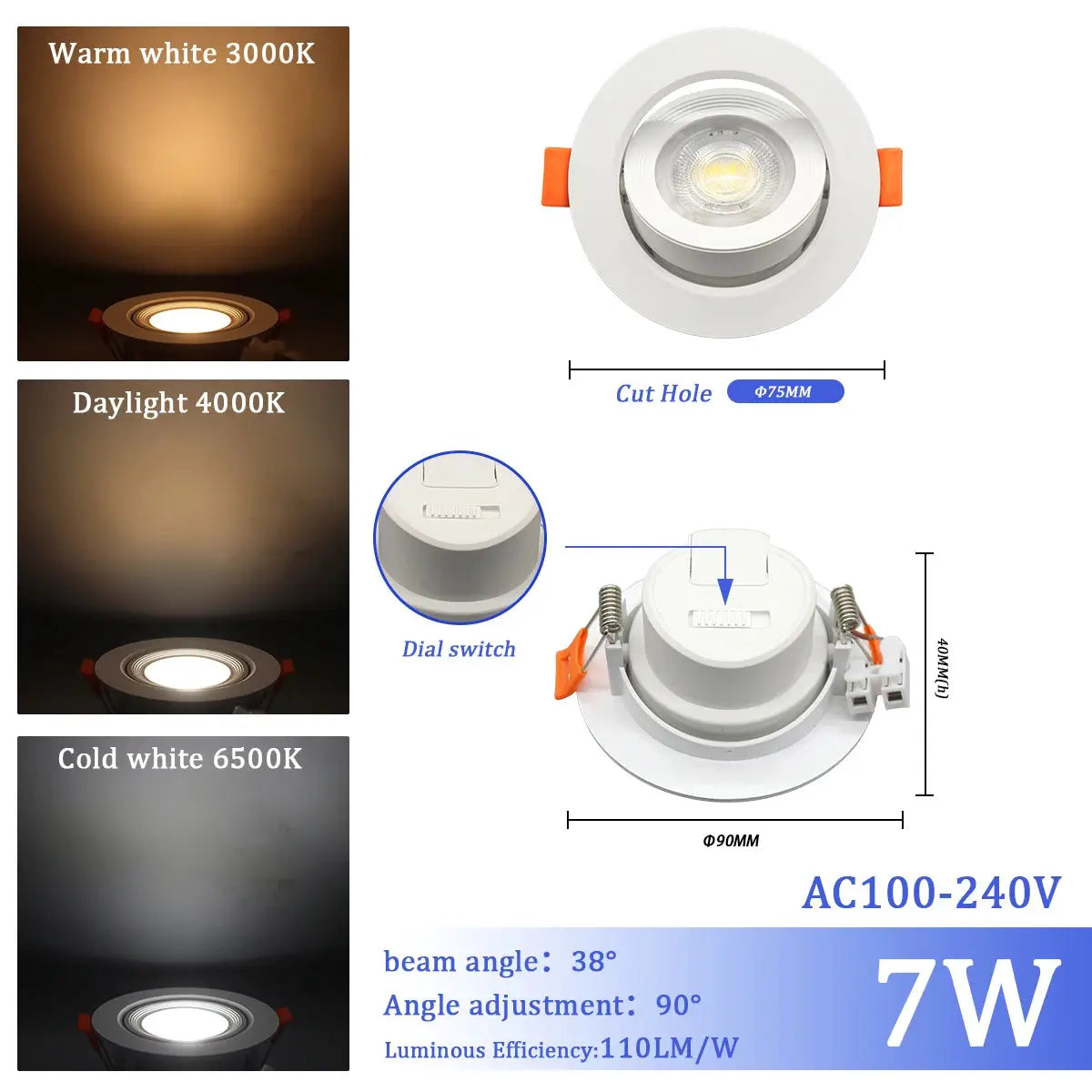 Simples Market LED recessed ceiling spotlight, 7W, 3 CCT: 3000K/4000K/6500K, AC100-240V, 90° adjustable, 75mm cut hole
