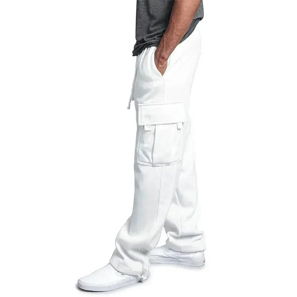 Simples Market men's white cargo sweatpants with large side cargo pocket and relaxed loose fit.