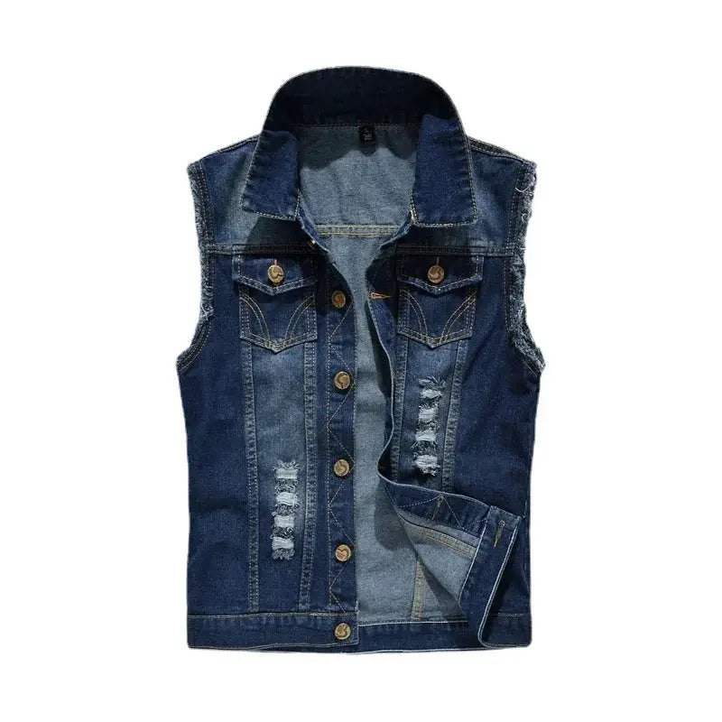 Men's denim vest jacket with button front, light and dark blue ripped panels, contrast stitching and chest pockets.