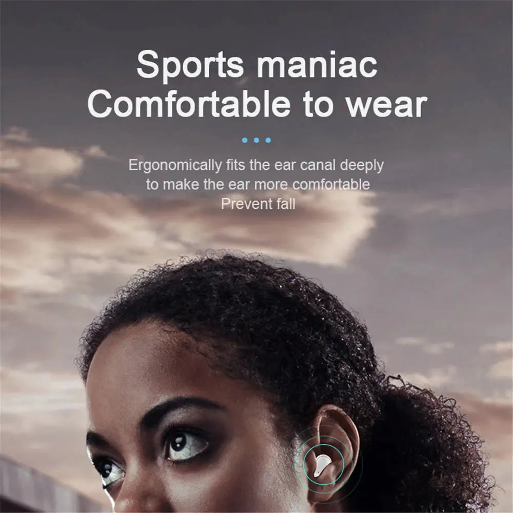 A6S wireless Bluetooth in-ear earphones by Simples Market, white sports headset with LED display.