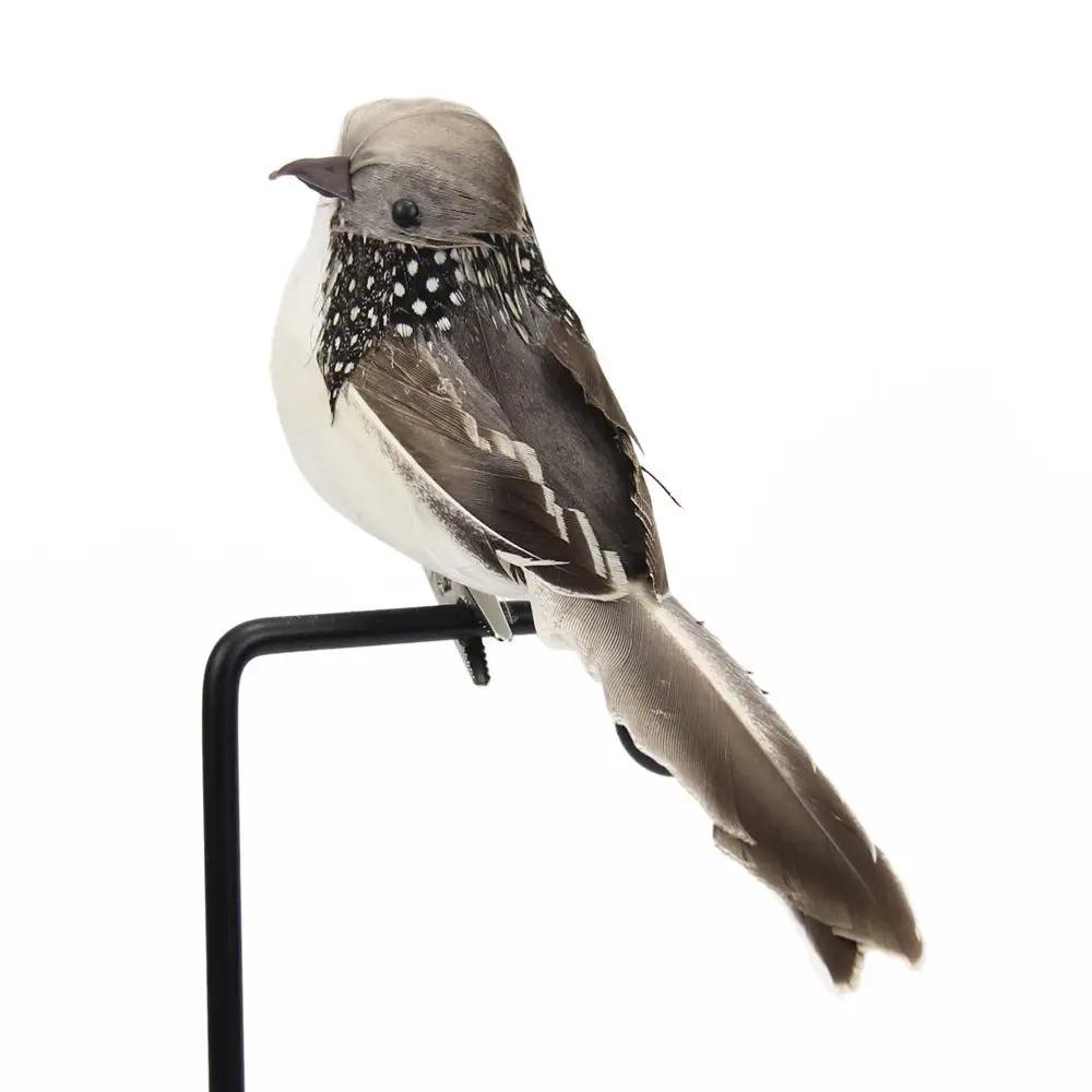Artificial feather bird garden decor, Simples Market faux sparrow with gray-brown plumage on a black stand