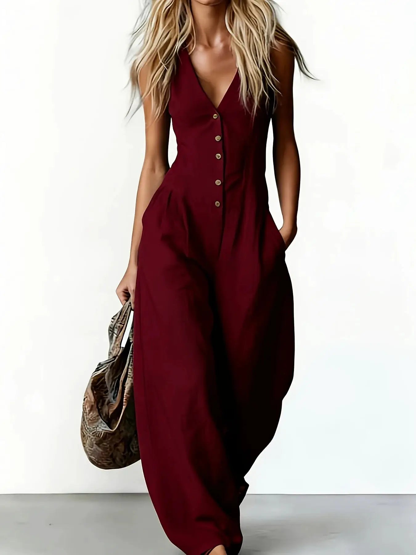 Sleeveless burgundy jumpsuit by Simples Market with V-neck, front buttons and pockets, loose-fit summer wear.