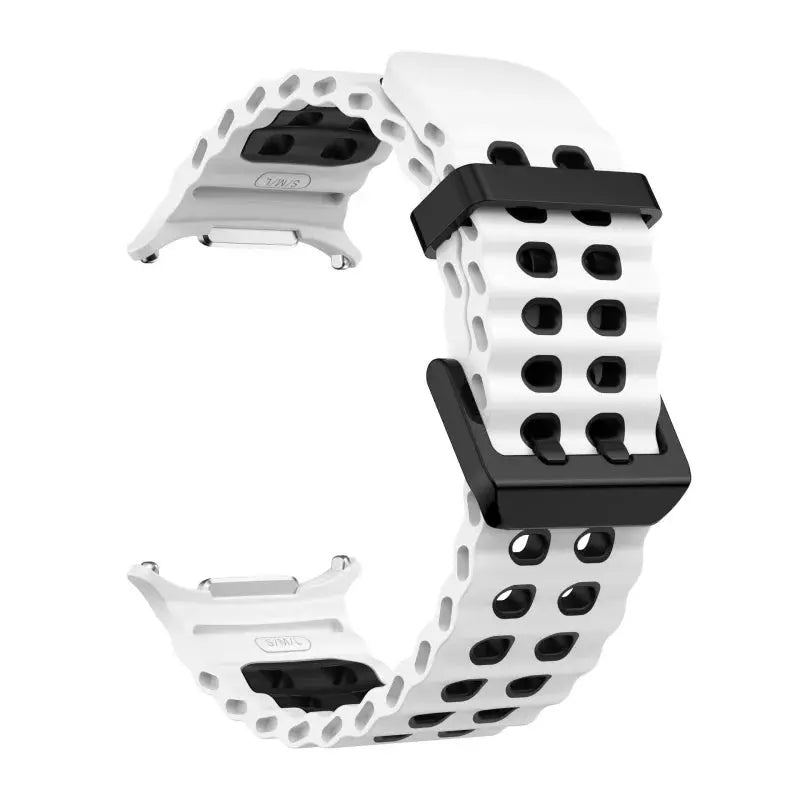 White perforated silicone Marine Band strap for Samsung Galaxy Watch Ultra2 47mm with black hardware
