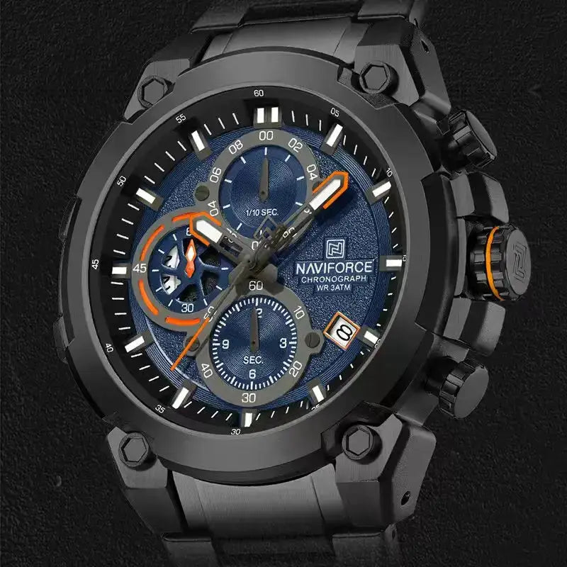 NAVIFORCE men's chronograph wristwatch with blue dial, black case, orange accents, 3ATM waterproof