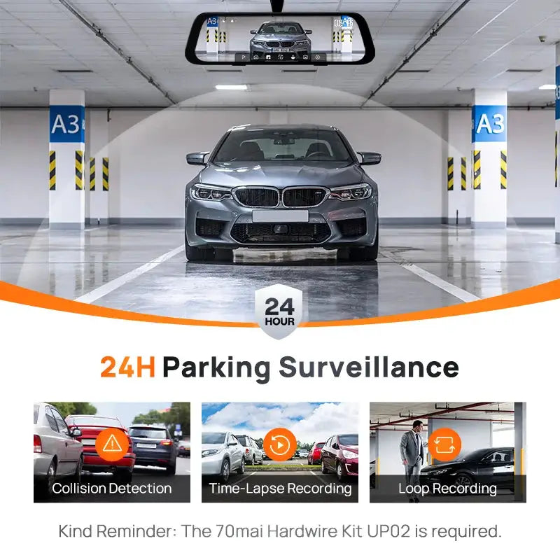 70mai Rearview Dash Cam S500 with 9.35-inch touch screen; 24H parking surveillance in garage.