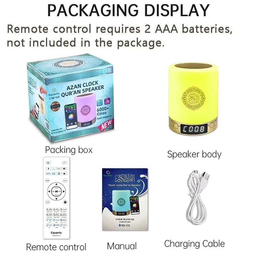 Simples Market portable multifunctional sound machine with LED night light and Bluetooth speaker; yellow body, remote.