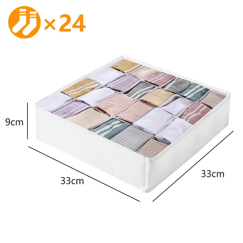 Underwear and sock organizer storage box, white fabric with 24 compartments for wardrobe drawers