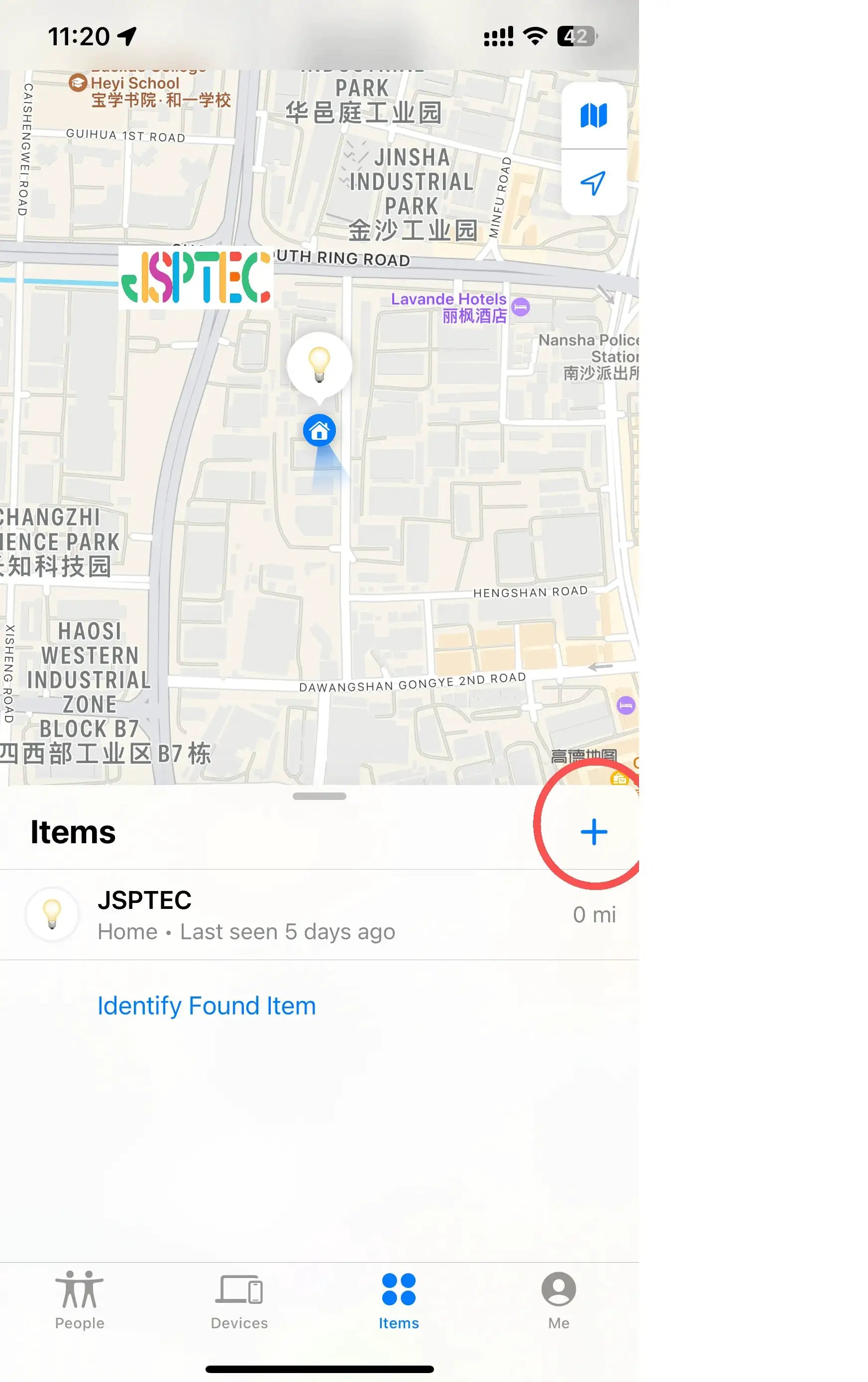 JSPTEC Airtag Bluetooth GPS Tracker by Simples Market shown in Find My on iPhone map with a location pin