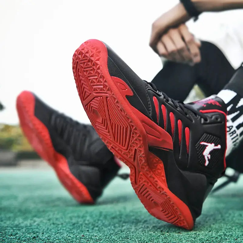 Men's black sneakers with red outsole and red accents; breathable upper and white side logo