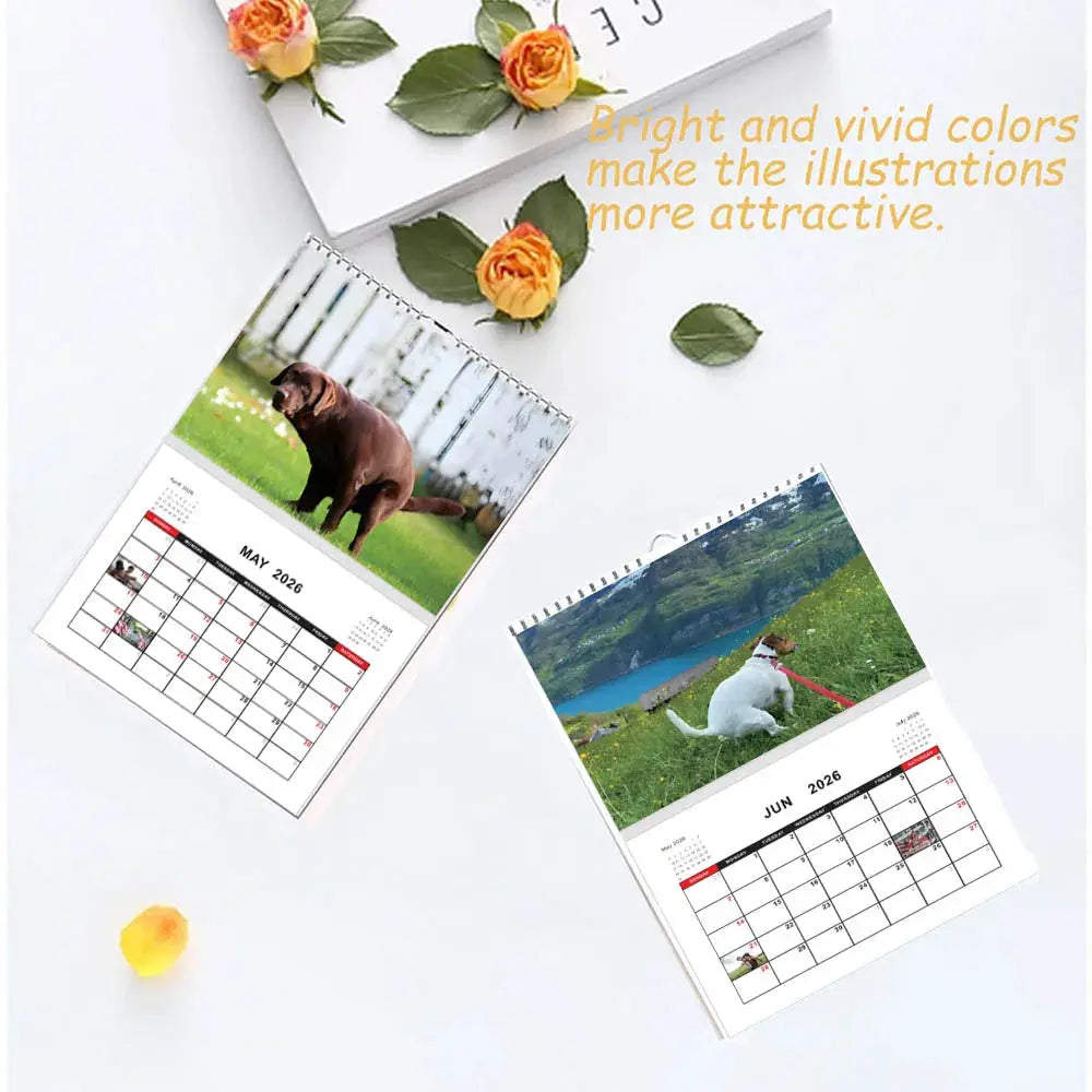 Simples Market 2026 dog calendar set; two spiral-bound wall calendars with dog photos and monthly grids (May–June 2026)