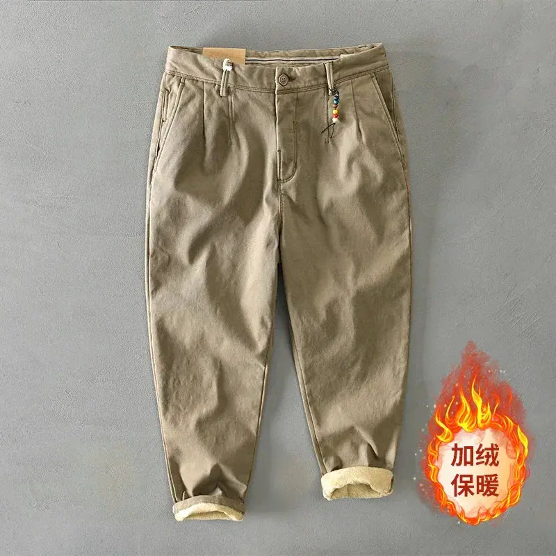 HIQOR 2025 men's winter pants, khaki cotton, loose safari-style casual work pants with pockets and rolled cuffs