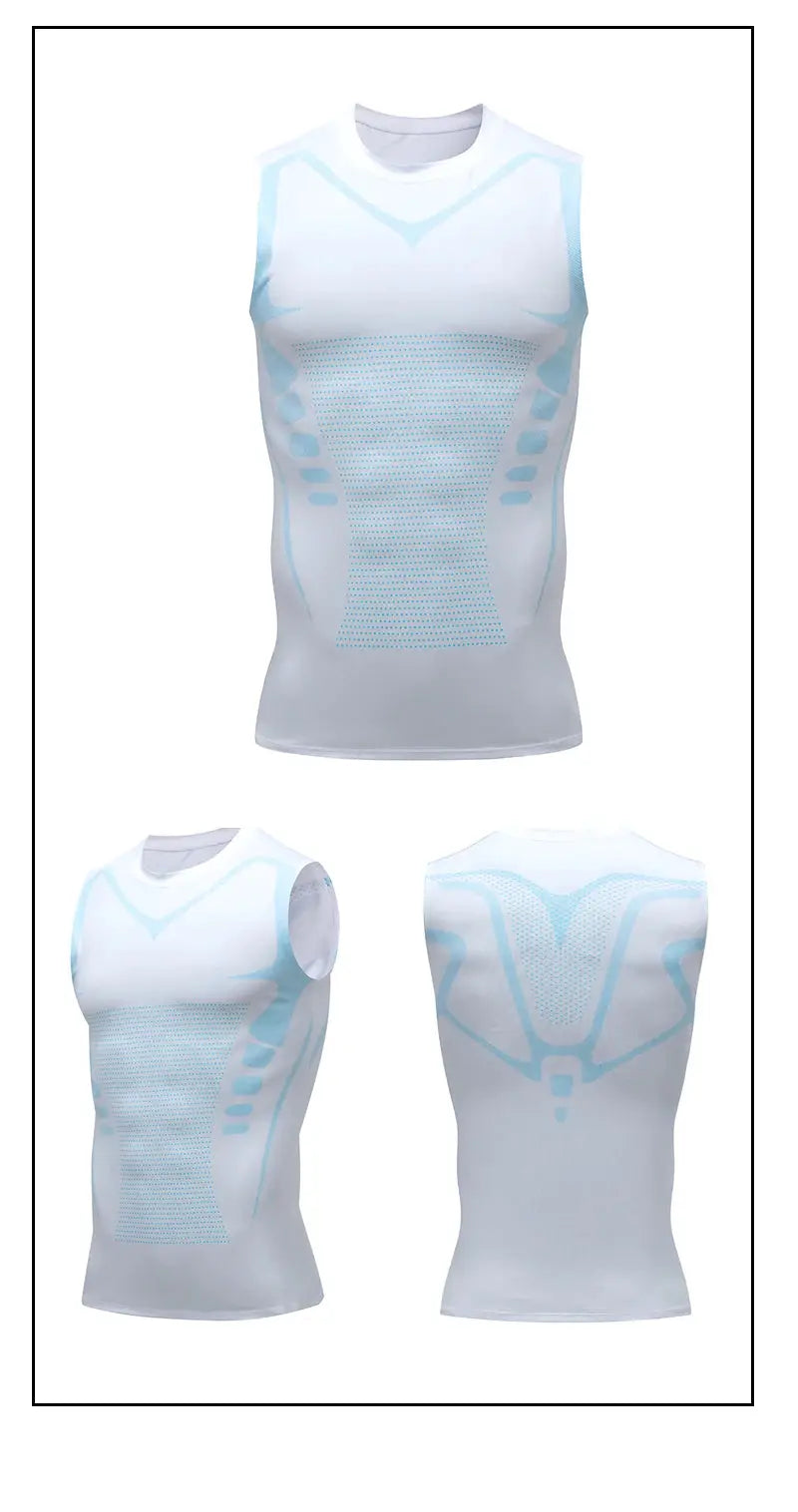 Men's compression tank top, white sleeveless gym shirt with light blue print and quick-dry fabric; front and back views