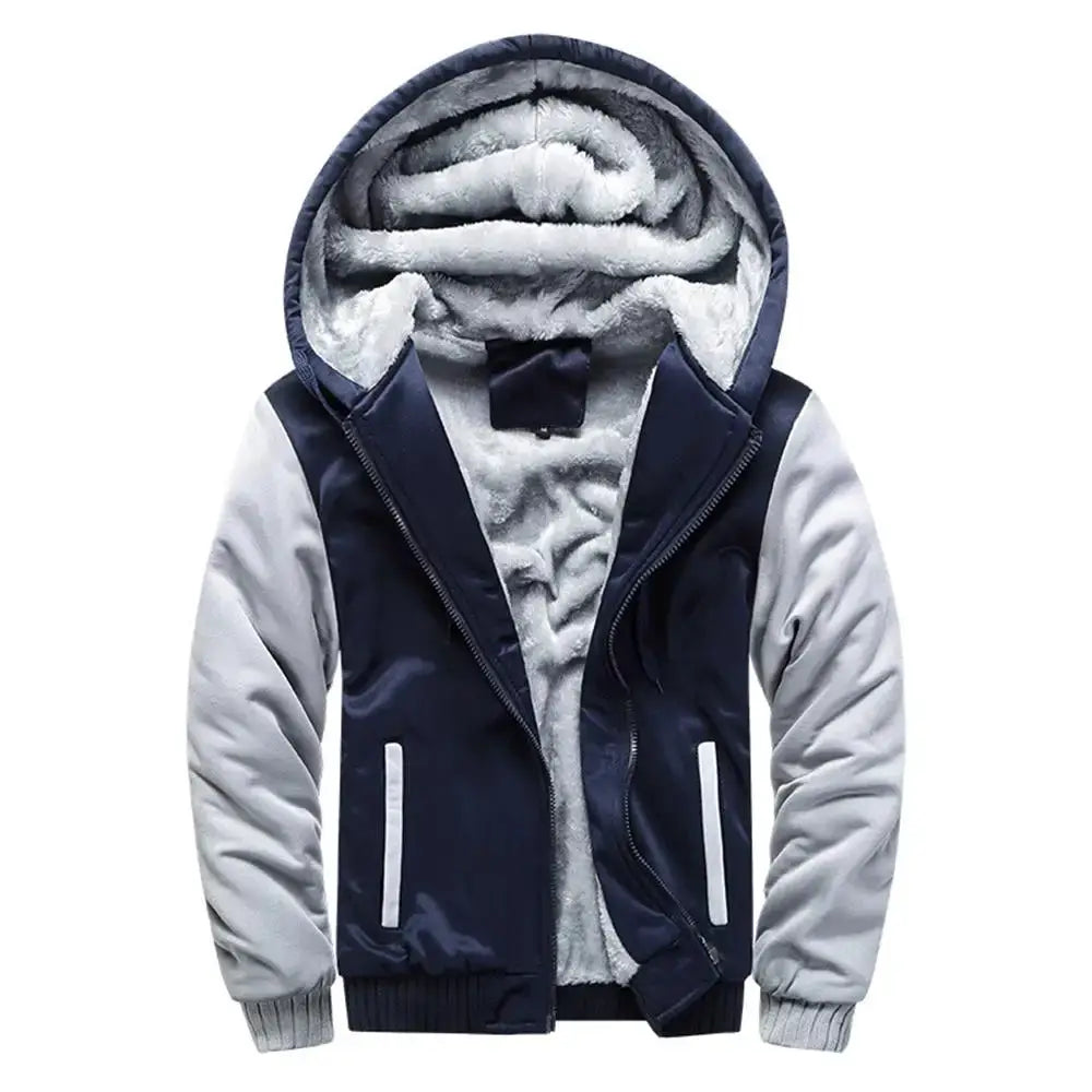Men's hooded fleece-lined winter jacket, navy body with gray sleeves and plush-lined hood