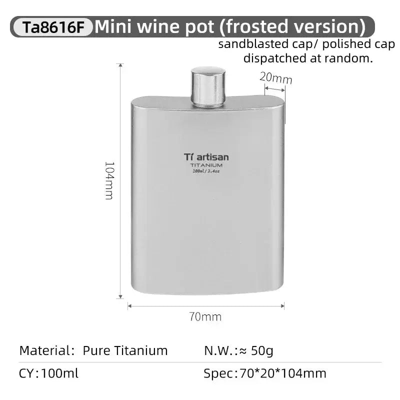 Tiartisan titanium hip flask 100ml, compact silver metal bottle with polished cap