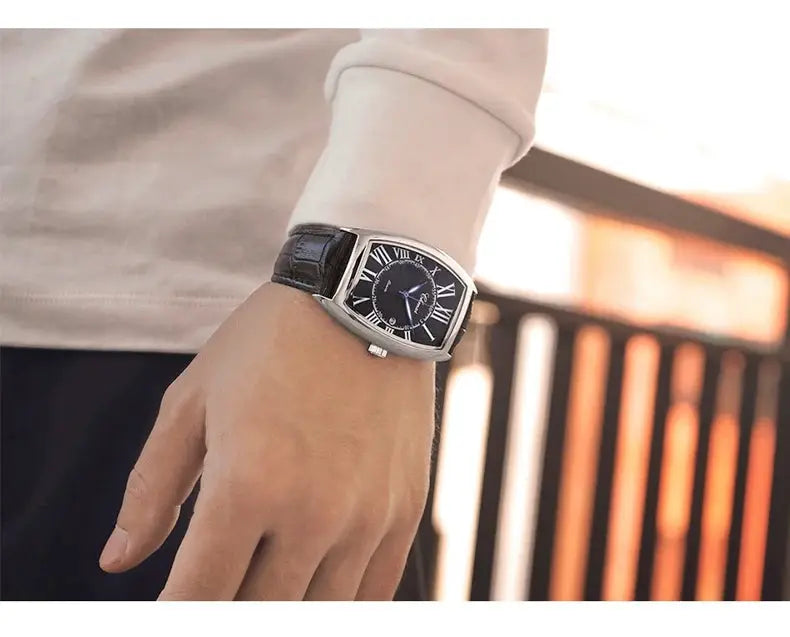 CHENXI men's watch with black leather strap, silver case, Roman numeral dial.