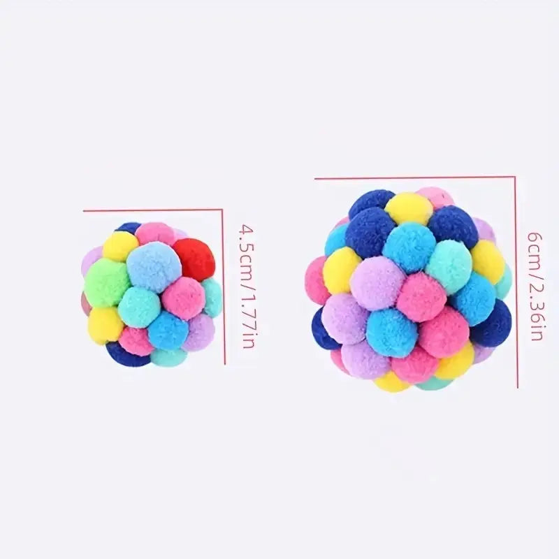 2-pack colorful plush pom-pom cat toys, soft woolen balls with bells