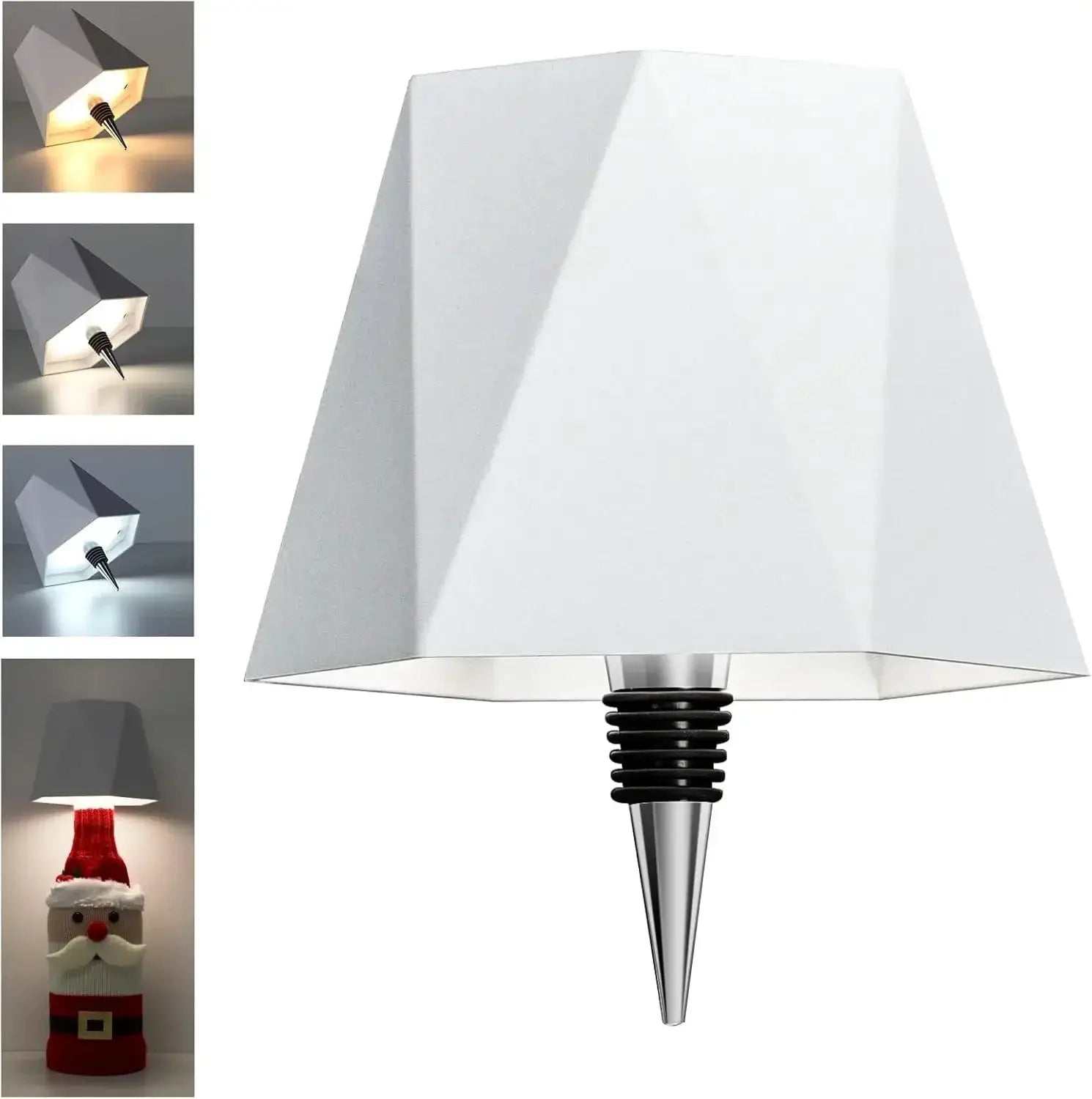LED wireless wine bottle lamp with geometric white shade and metal cone base