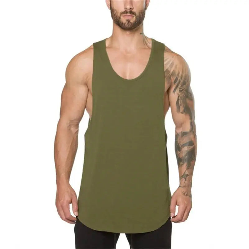 Cotton breathable sleeveless gym tank top for men in olive green by Simples Market