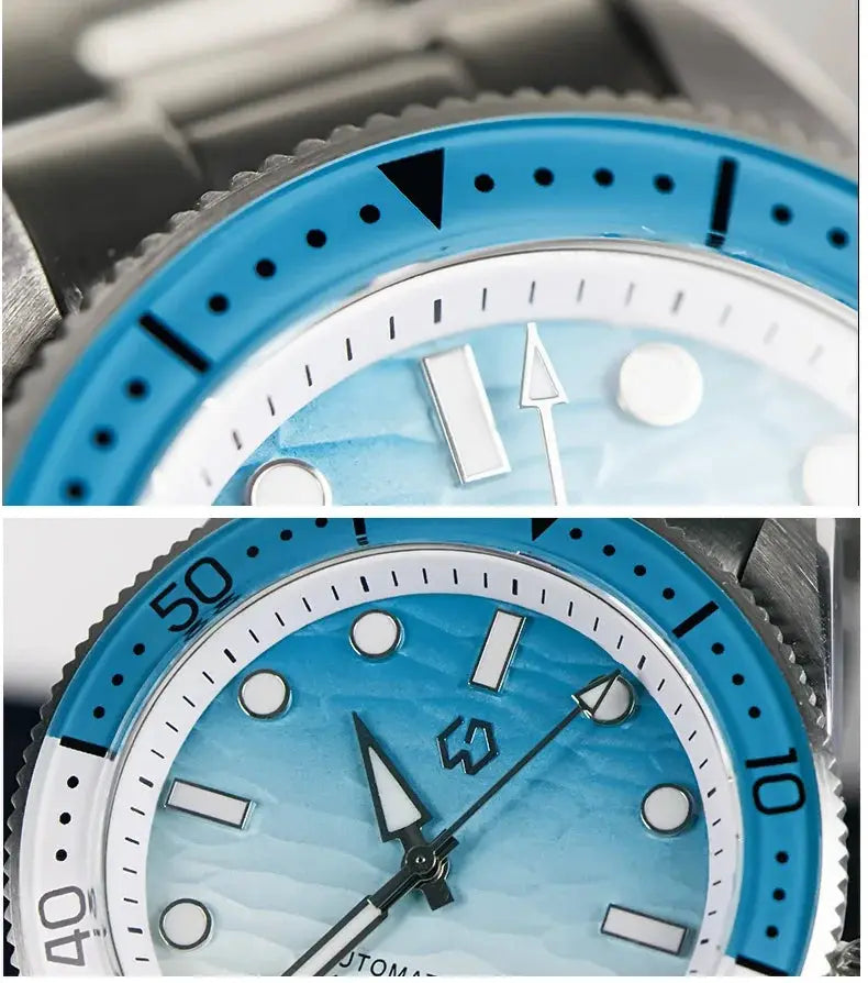 WishDOIT men's automatic dive watch with ocean blue and white ripple dial, blue bezel, sapphire glass.