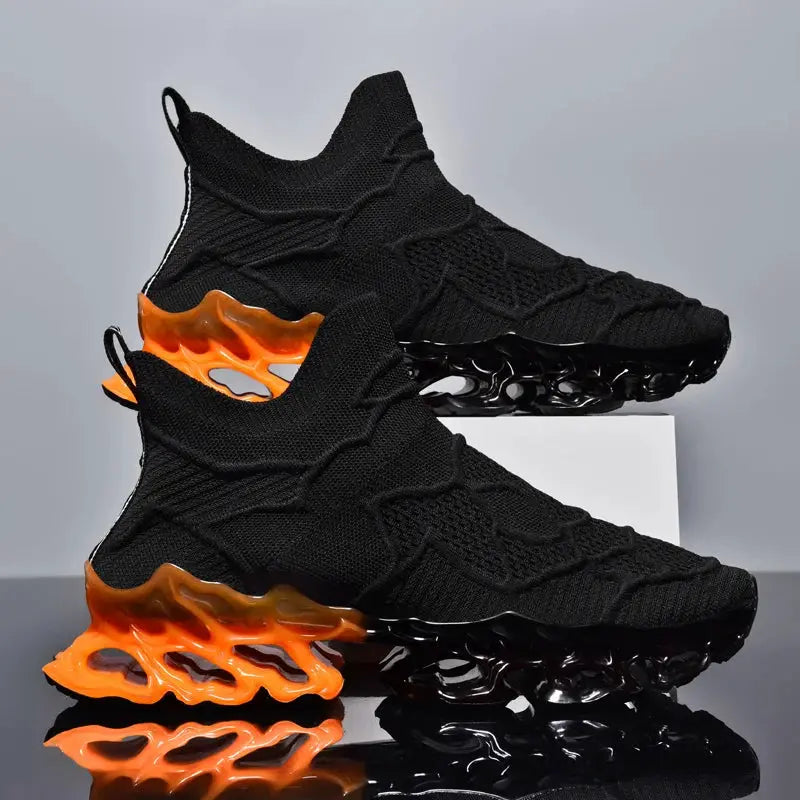 Pair of men's black breathable sneakers with orange translucent sole accents
