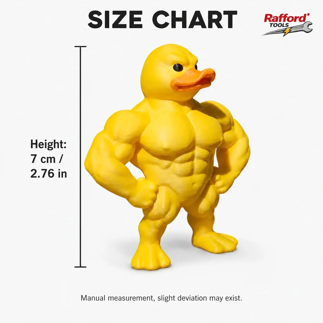 Muscle Duck Statue yellow muscular desktop figurine, 7 cm tall with Rafford Tools branding