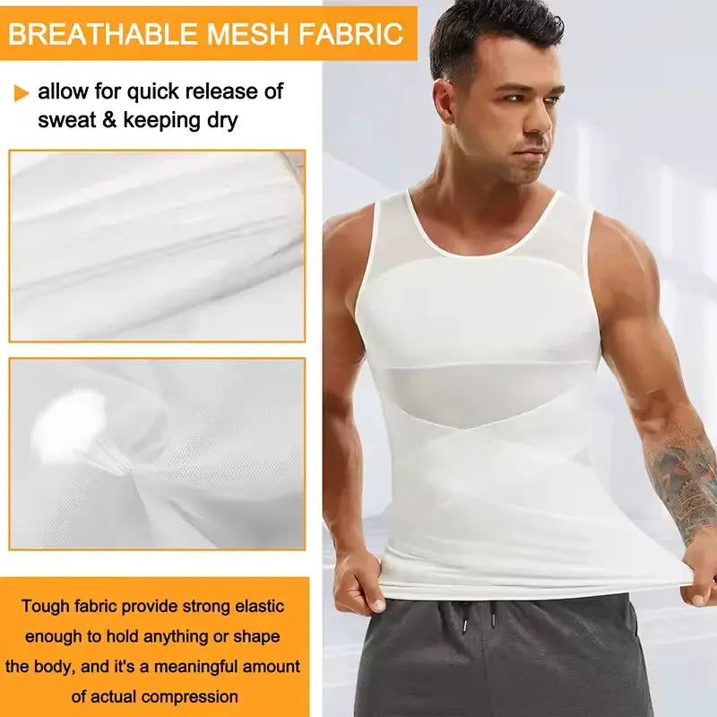 Men's shapewear tank top with cross mesh panels in white; breathable compression undershirt for tummy control.