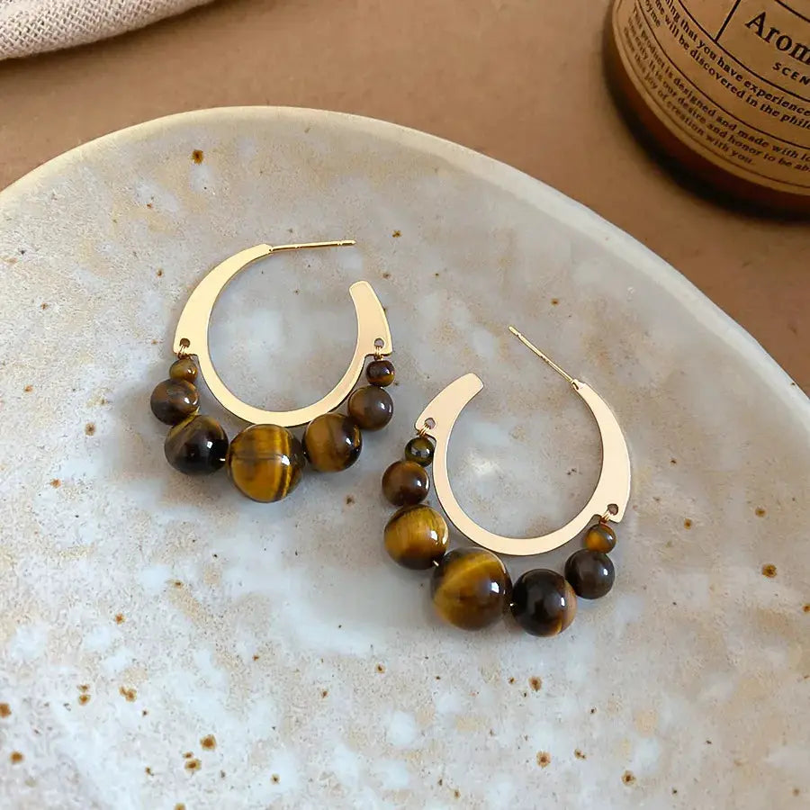 Flower Resin Stud Earrings Brown Vintage Tigers Eye Stone C Shaped Design Women Square Rhinestones Jewelry Daily Wear