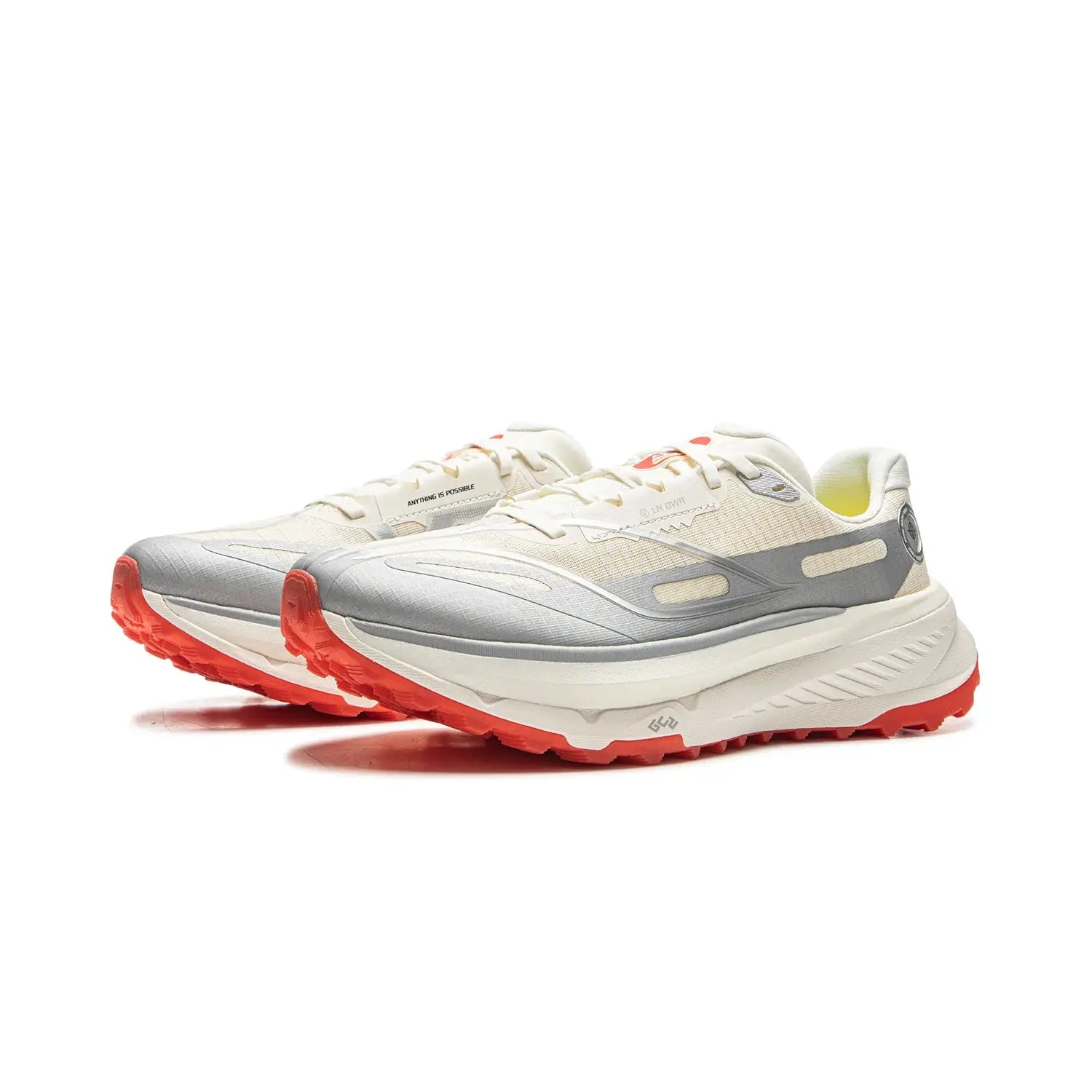 Li-Ning men's trail running shoes ARNV009, cream and gray with red outsole, 2 shoes shown