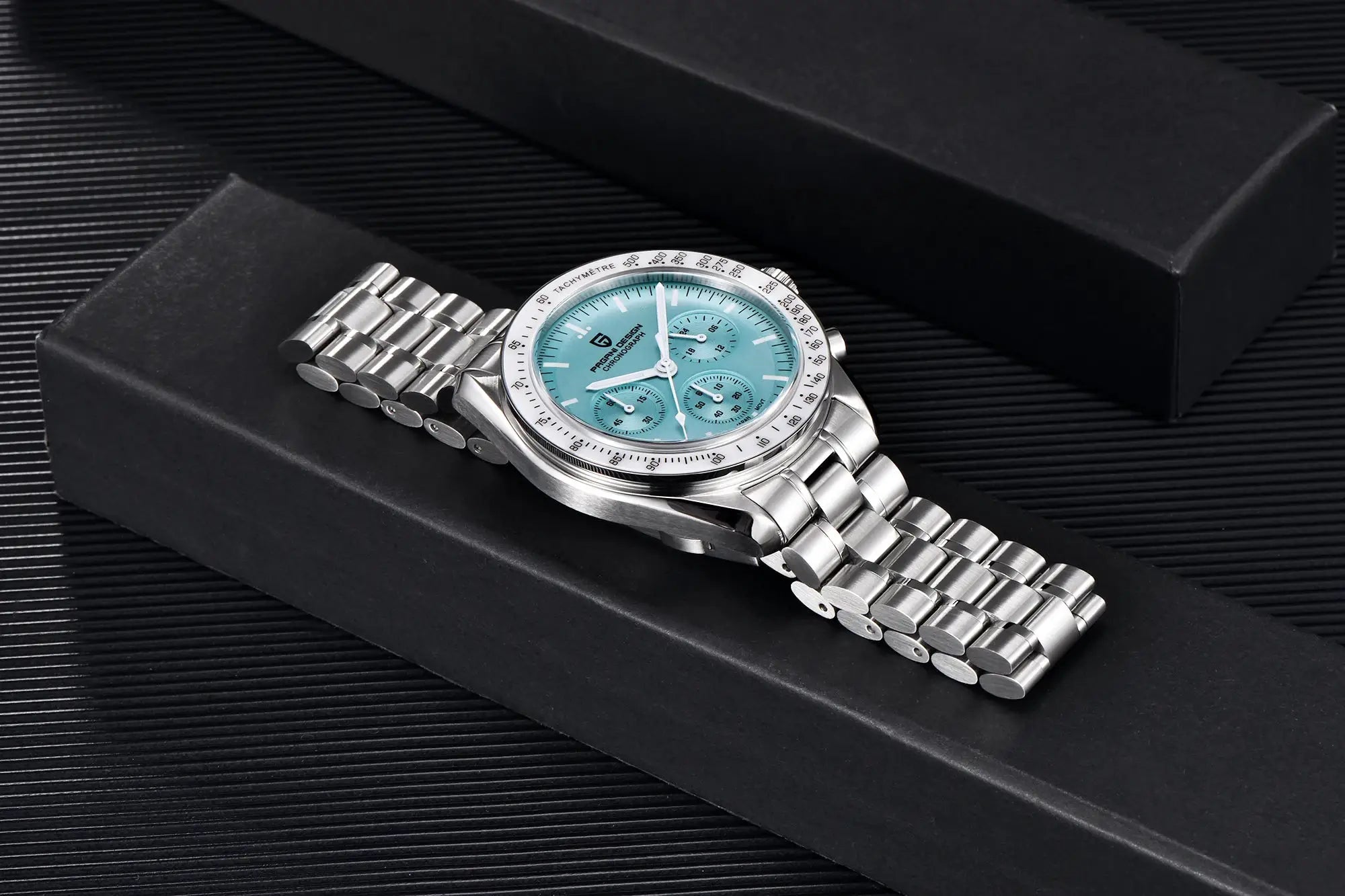 Pagani Design men's stainless steel chronograph watch with turquoise dial and tachymeter bezel