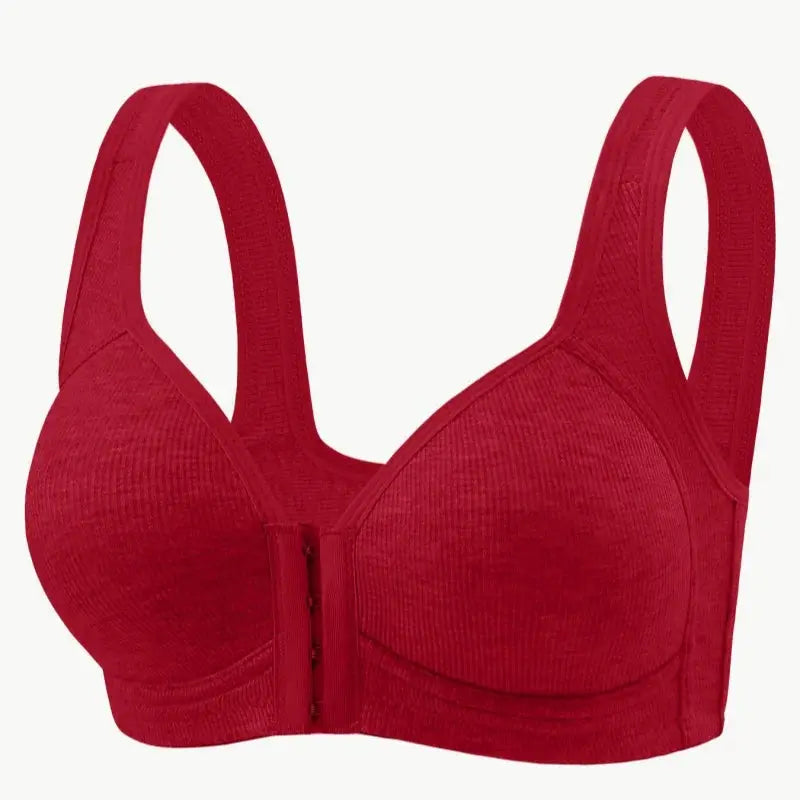 Women's bra by Simples Market, red wire-free front-closure with full-coverage cups