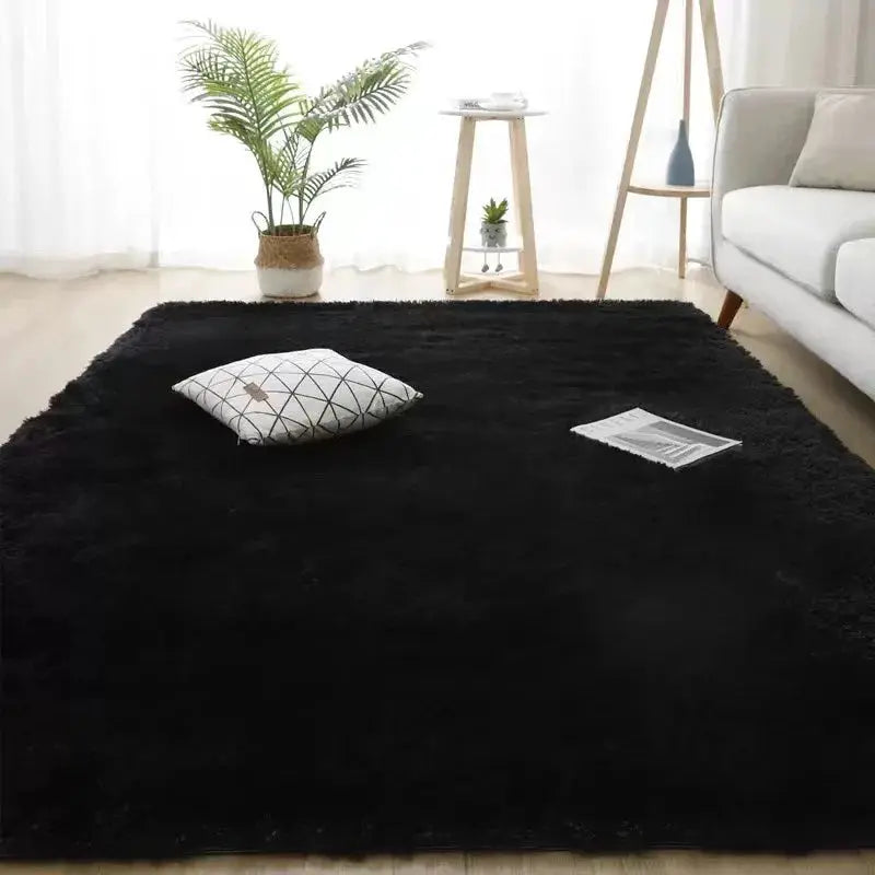 VIKAMA black shag area rug by Simples Market, large fluffy plush rug for living room.