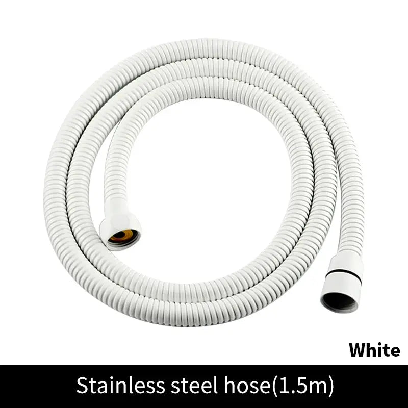Coiled white stainless steel shower hose, 1.5m length.
