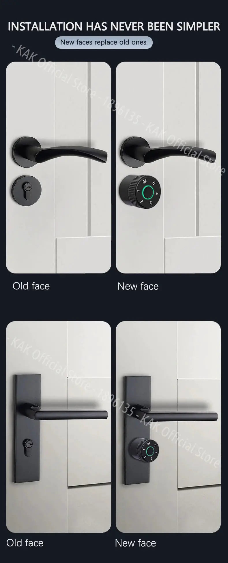 KAK Tuya APP fingerprint cylinder smart door lock with black lever handle; old vs new face designs by Simples Market