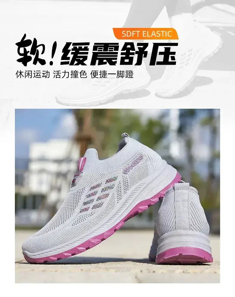 Simples Market white mesh athletic shoes with pink sole, wide toe, breathable, lightweight running and hiking sneakers.