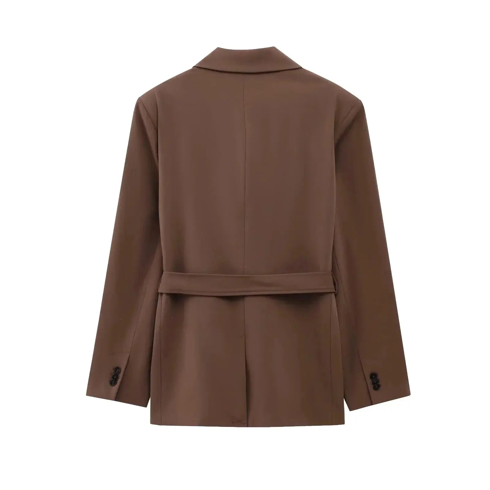 KONDALA brown women's blazer with waist sash belt, back view, long-sleeve office jacket