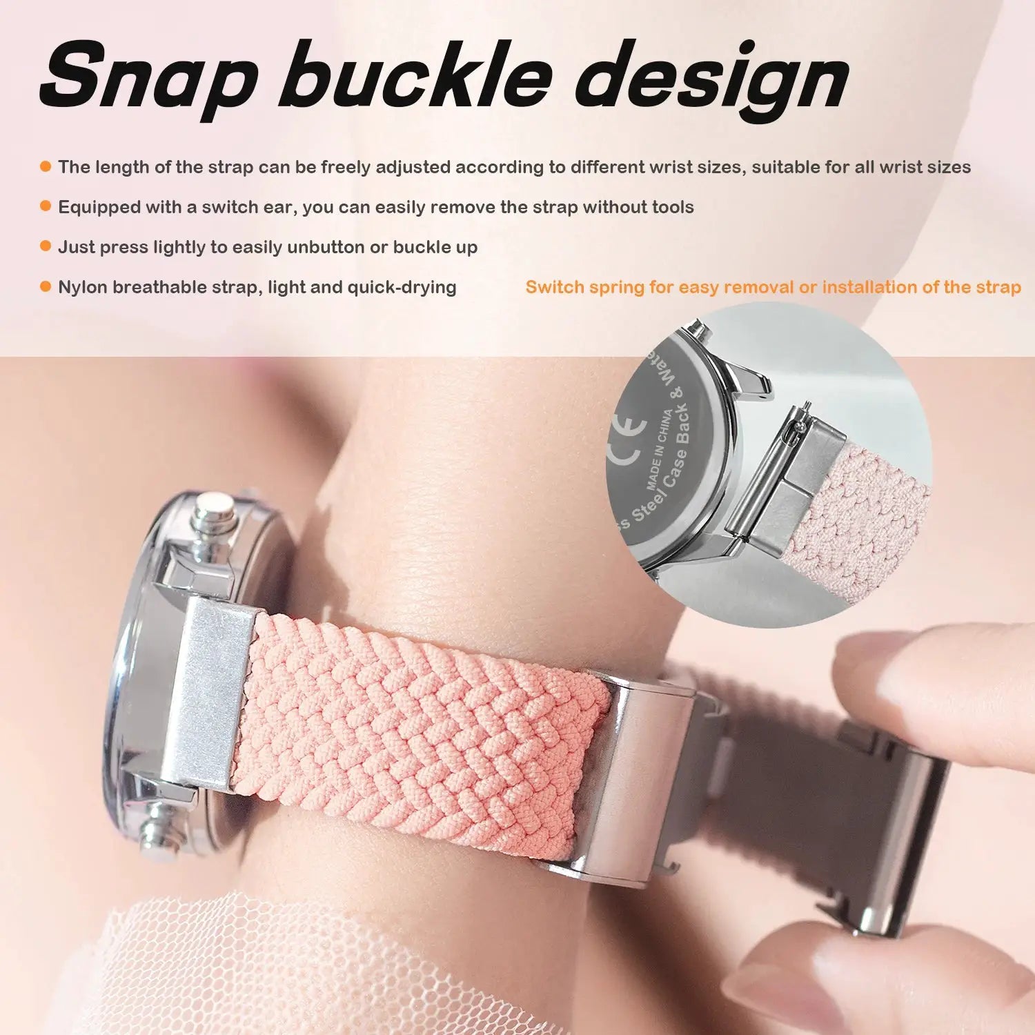 Hearkent pedometer sport watch for women with pink woven strap and stainless steel case.